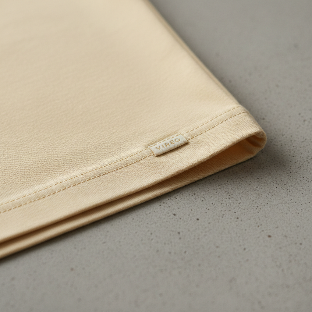 A close-up detail shot of a VIREO Apparel T-shirt hem in warm ivory, revealing dense, tightly knit organic cotton with a smooth hand-feel. The camera focuses on the double-stitched edge and a tiny, unobtrusive woven label in matching tones, resting on a lightly textured, pale concrete surface. Soft studio lighting from the upper left creates a delicate gradient across the fabric, accentuating its thickness and structure while leaving the background gently blurred. Captured with a macro lens and extremely shallow depth of field, the composition highlights craftsmanship, subtle branding, and premium material in a calm, sophisticated photographic style designed for a minimalist streetwear brand.